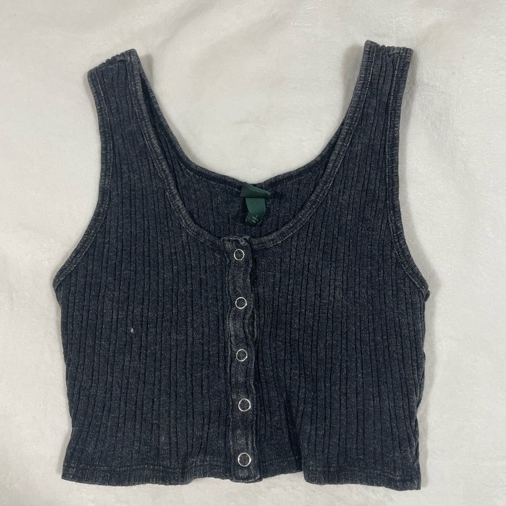 Black Cropped Button Up Tank Top
